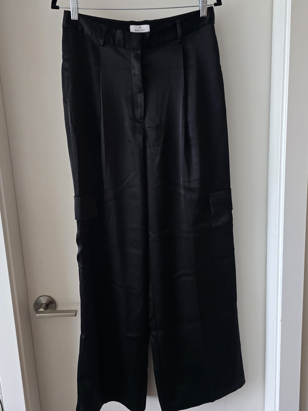 Babaton Black Wide-Leg Satin Cargo Trousers